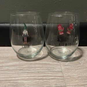 Rae Dunn Christmas Stemless Wine Glass Set (4) Gnome Deer Snow Mitten